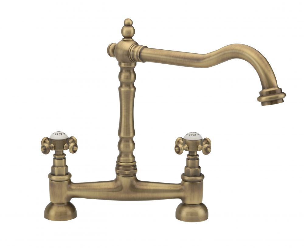 French Classic Bridge Sink Mixer Antique Brass Plated Kitchen Taps   187 